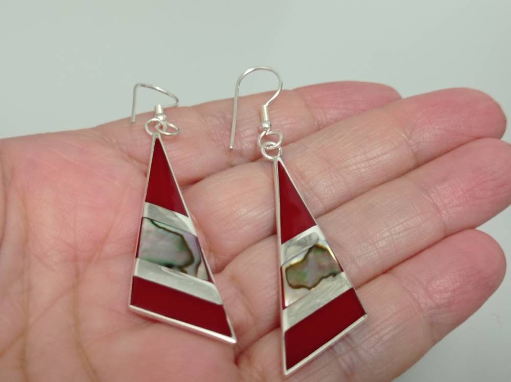 Silver Plated Abalone Inlay Triangle Earrings: Art Deco Taxco Enamel Resin Design