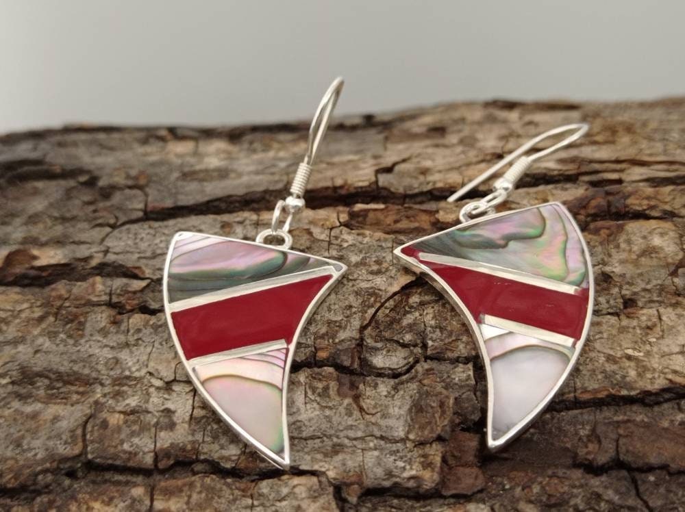 Silver Plated Abalone Inlay Earrings – Red Enamel Geometric Art Deco Jewelry