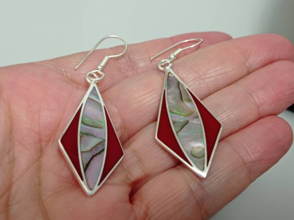 Handcrafted Abalone Shell Earrings with Red Enamel Effect – Silver Plated Mexican Artisan Jewelry