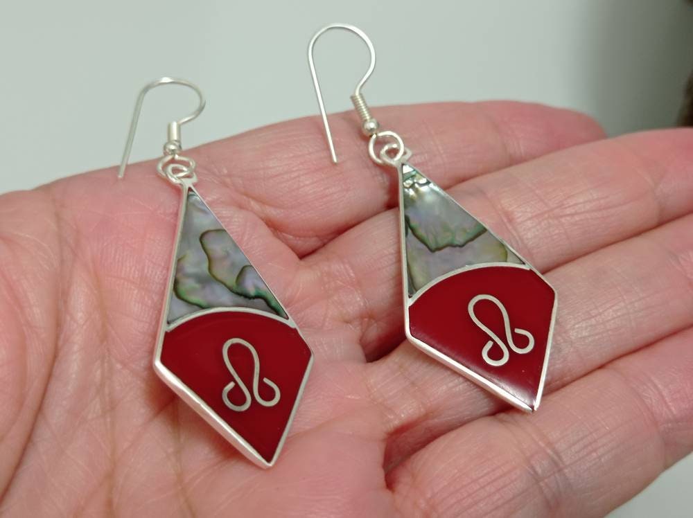Silver Plated Abalone Shell Earrings – Red Enamel Rhombus Art Deco Design