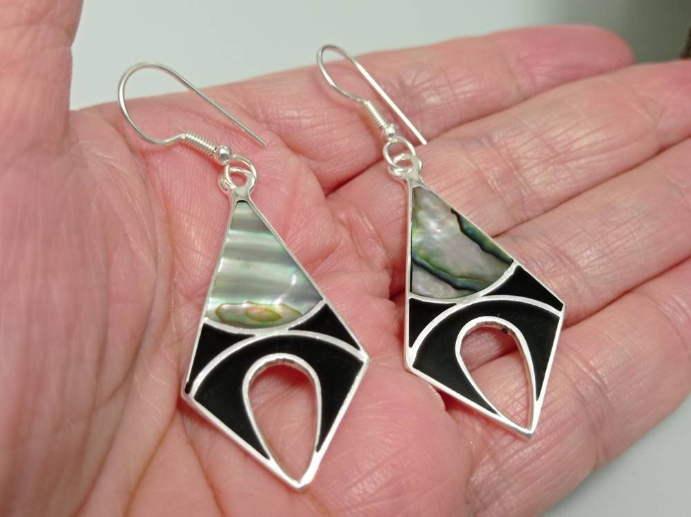 Mexican Artisan Silver Plated Abalone Earrings with Black Enamel Resin - Unique Handcrafted Rhombus Design