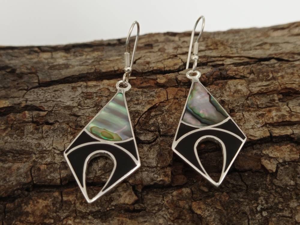Mexican Artisan Silver Plated Abalone Earrings with Black Enamel Resin - Unique Handcrafted Rhombus Design