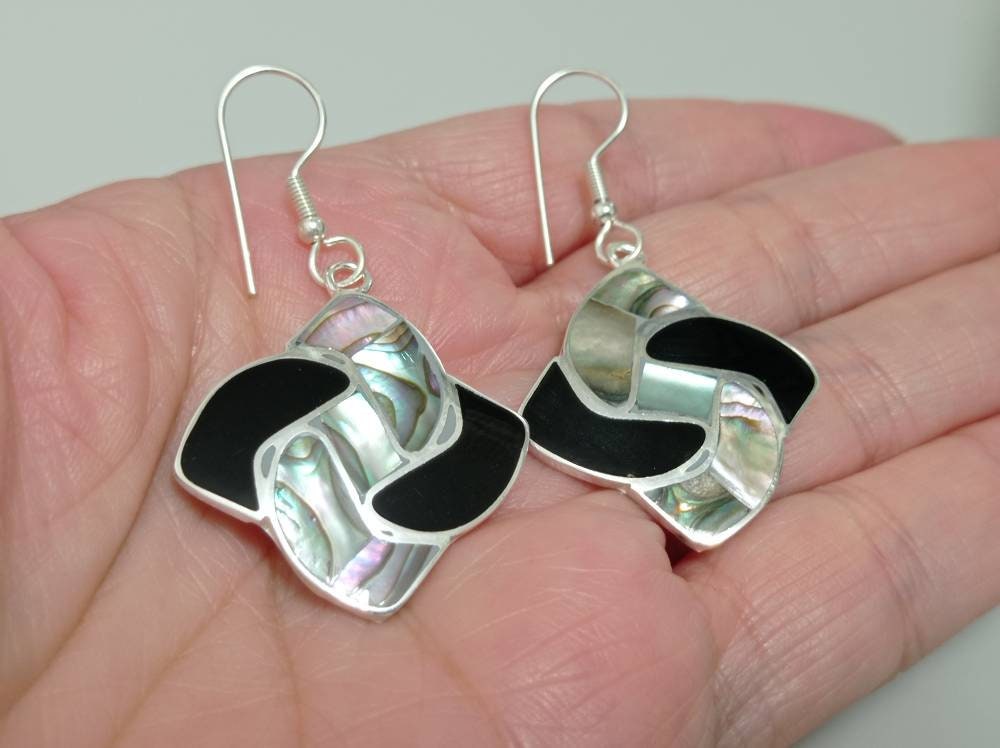 Vintage Mexican Art Deco Abalone Enamel Earrings, Taxco Silver-plated Fan Design