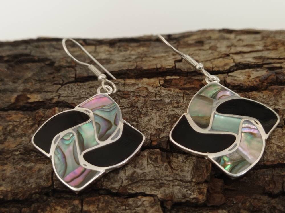 Vintage Mexican Art Deco Abalone Enamel Earrings, Taxco Silver-plated Fan Design