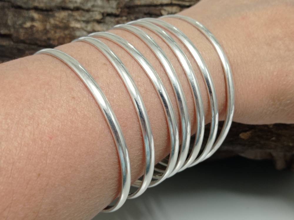 Set of 7 Silver Plated Stackable Bracelets – Mexican Boho Half Round Design