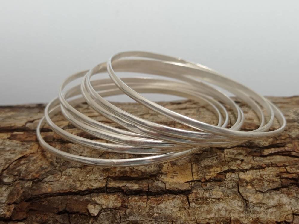 Set of 7 Mexican Boho Silver Plated Bangles – Medium Circumference Bracelets