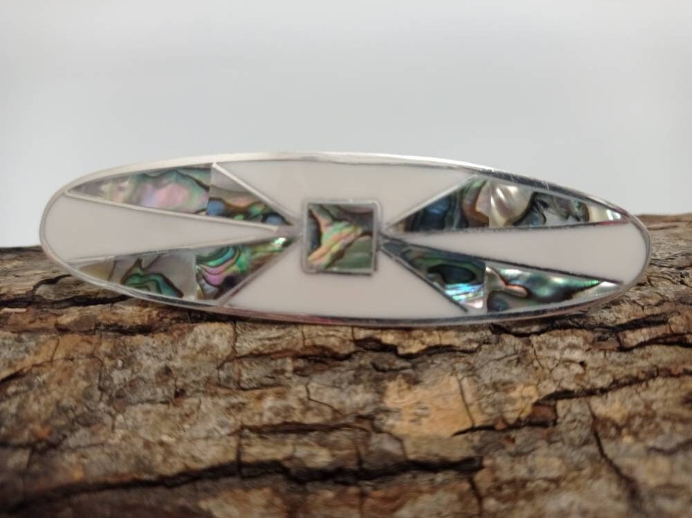 Artisan Silver Hair Clip – Abalone Shell, White Enamel, Taxco Mexican Accessory