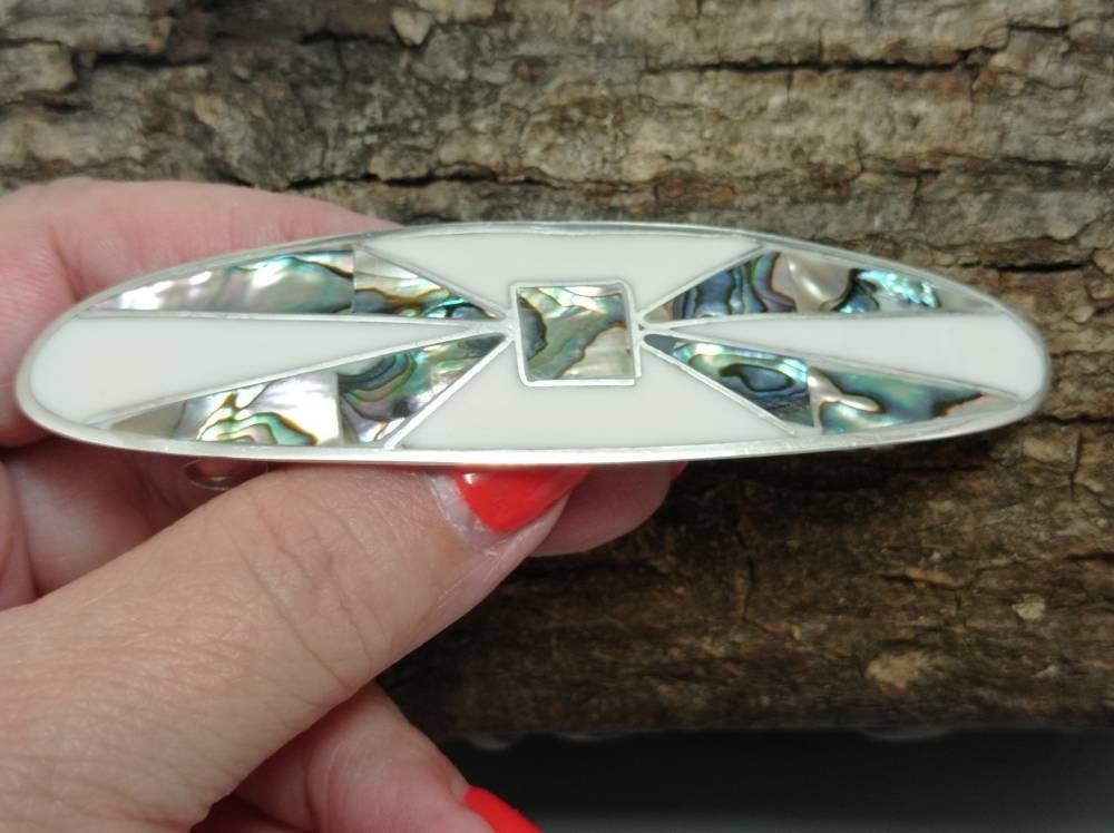 Artisan Silver Hair Clip – Abalone Shell, White Enamel, Taxco Mexican Accessory