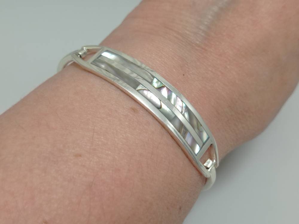 Elegant Silver Plated Mexican Bracelet with Art Deco Abalone Inlay
