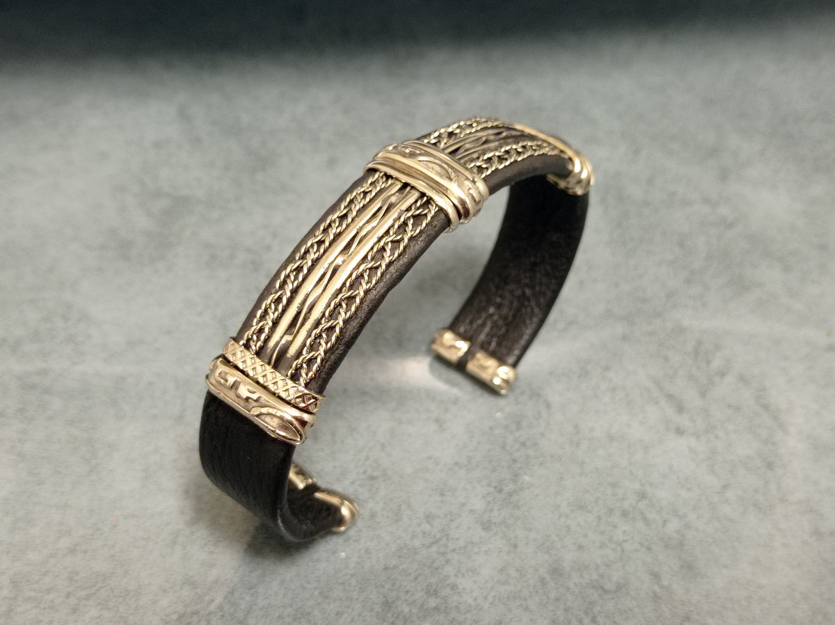 Brass Leather Cuff Bangle – Mixed Metal Unisex Adjustable Bracelet