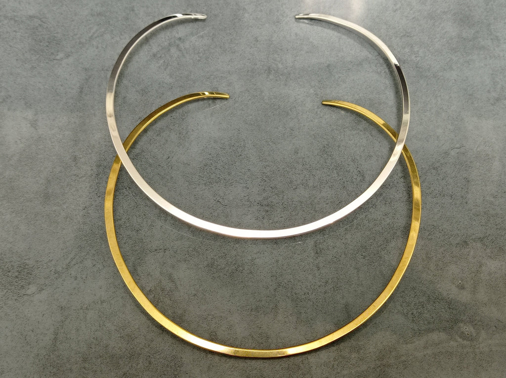 Set of 2 Silver Plated Brass Open Chokers – Minimalist Torc Necklaces