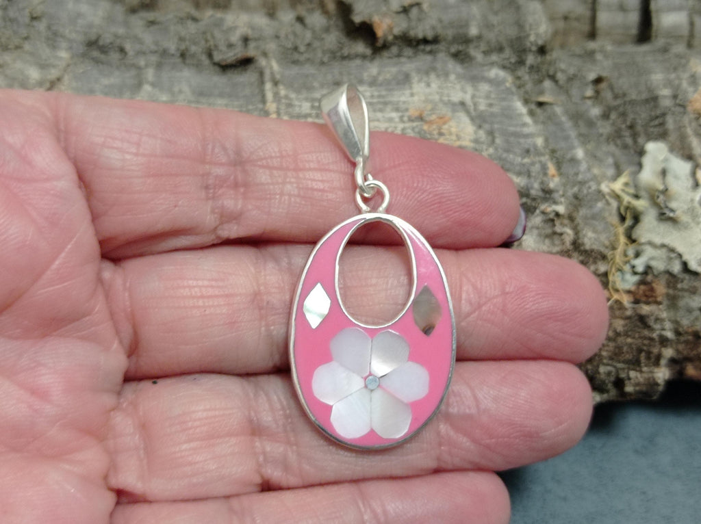 Silver Plated Mexican Pendant – Mother of Pearl Flower, Pink Resin, Boho Chic Style