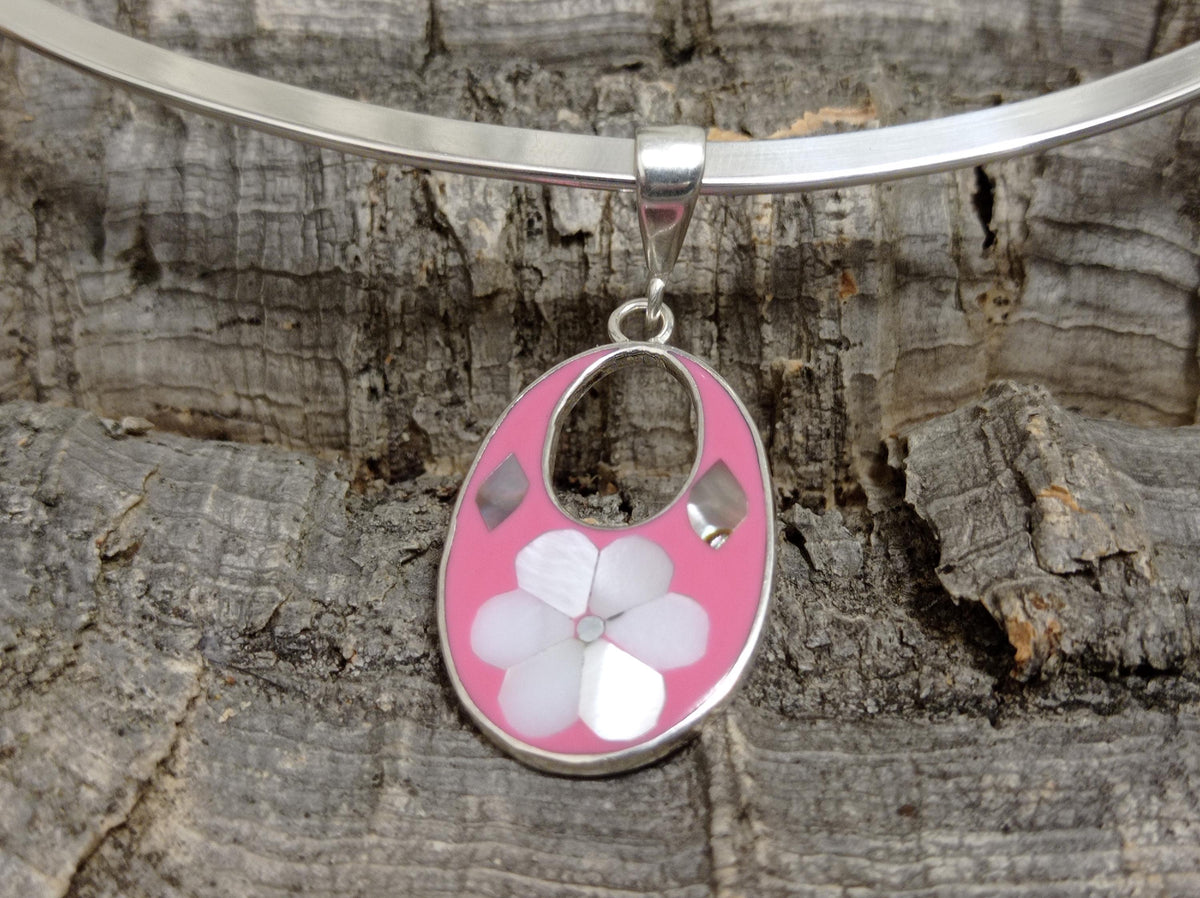Silver Plated Choker with Pink Daisy Abalone Pendant – Mexican Statement Necklace