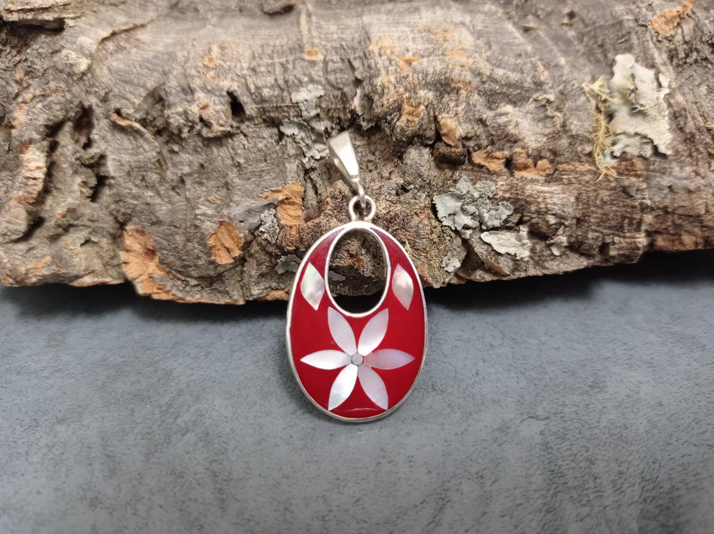 Silver Plated Mexican Pendant – Mother of Pearl Flower, Red Resin Boho Chic Jewelry