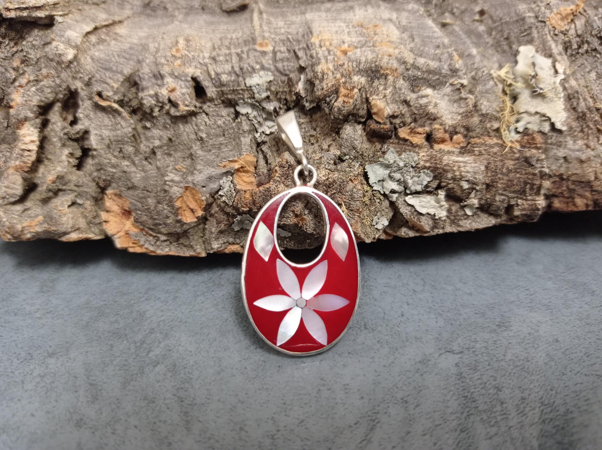 Silver Plated Mexican Pendant – Mother of Pearl Flower, Red Resin Boho Chic Jewelry