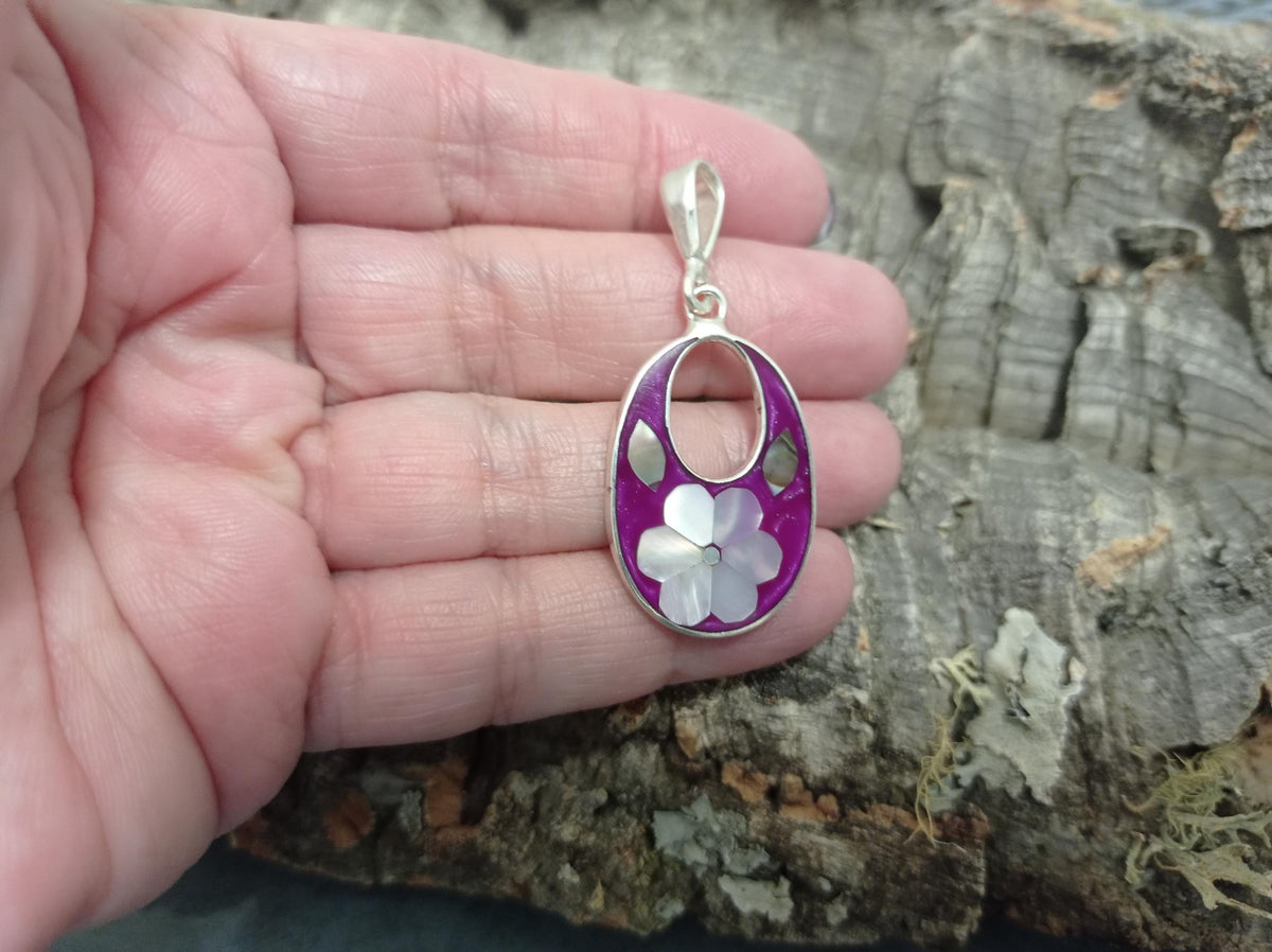 Silver Plated Mexican Flower Pendant: Mother of Pearl Inlay Boho Chic Taxco Jewelry