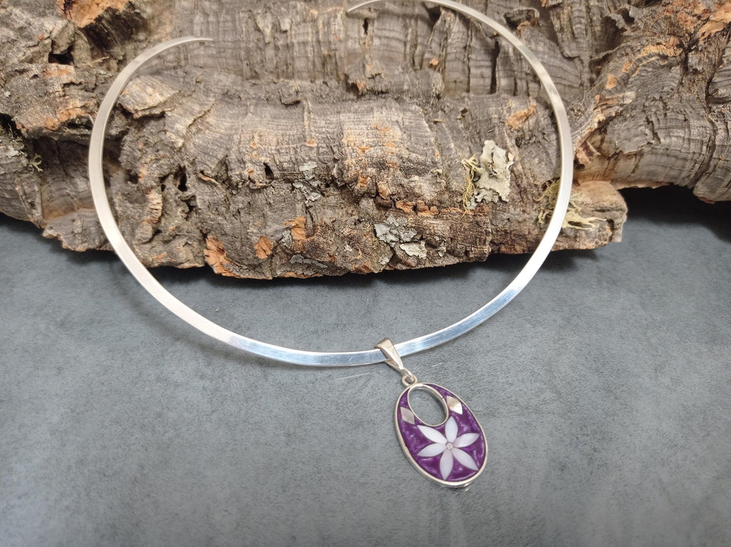 Silver Plated Mexican Torc Necklace with Purple Daisy Abalone Pendant