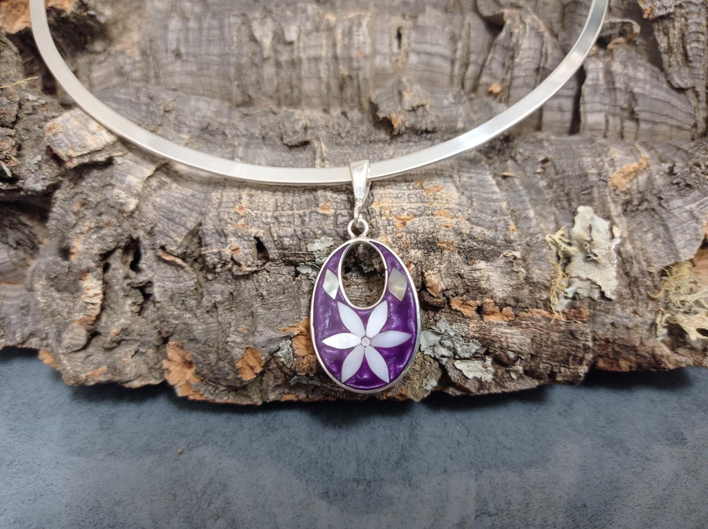 Silver Plated Mexican Torc Necklace with Purple Daisy Abalone Pendant