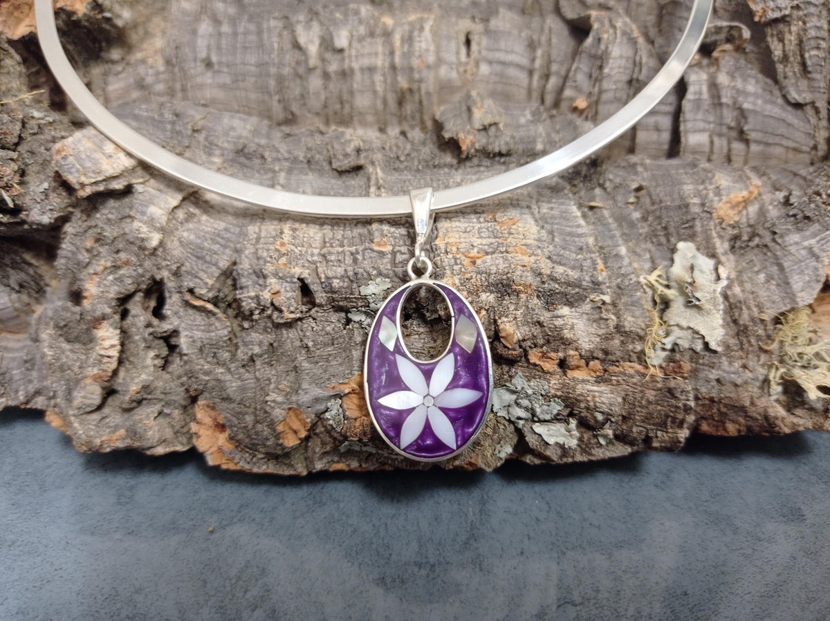 Silver Plated Mexican Torc Necklace with Purple Daisy Abalone Pendant