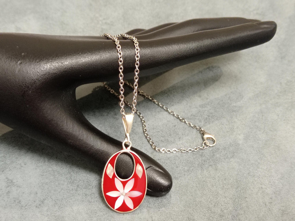 Silver Plated Mother of Pearl Flower Pendant – Red Enamel Resin Artisan Jewelry