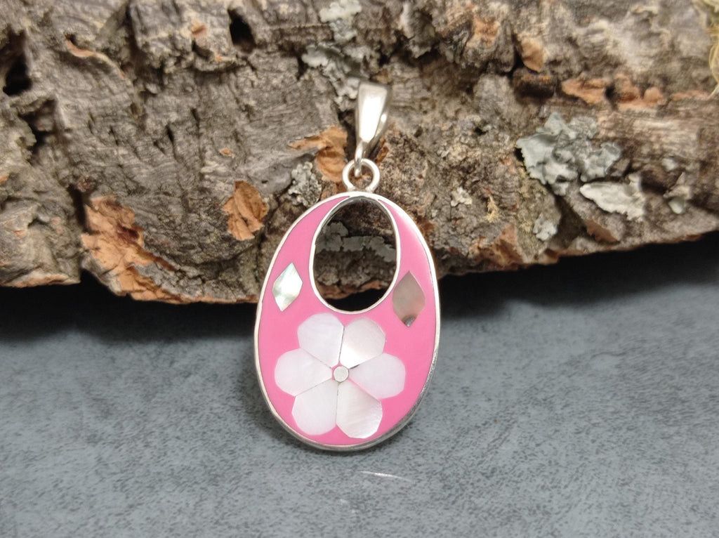Silver Plated Mexican Pendant – Mother of Pearl Flower, Pink Resin, Boho Chic Style