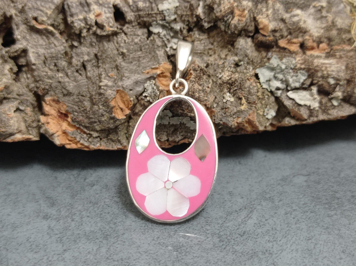 Silver Plated Mexican Pendant – Mother of Pearl Flower, Pink Resin, Boho Chic Style