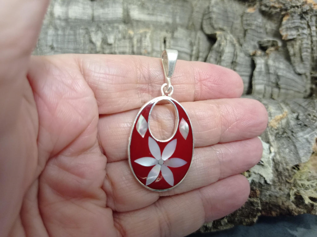 Silver Plated Mexican Pendant – Mother of Pearl Flower, Red Resin Boho Chic Jewelry