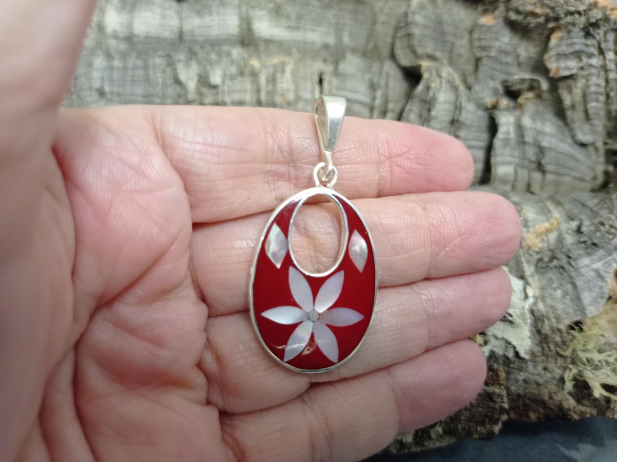 Silver Plated Mexican Pendant – Mother of Pearl Flower, Red Resin Boho Chic Jewelry