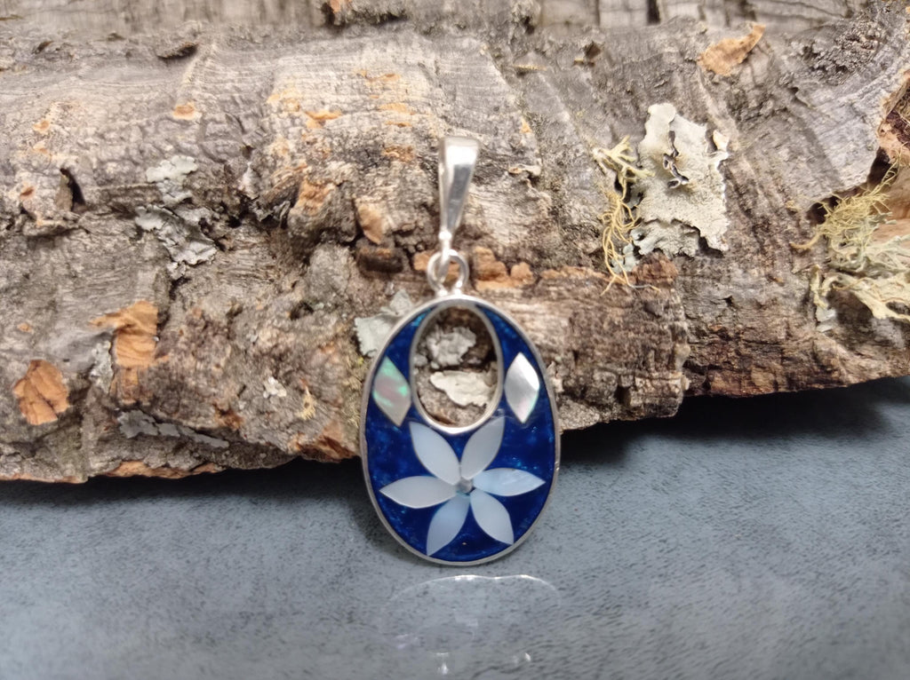 Silver Plated Floral Pendant – Mother of Pearl, Blue Resin, Boho Chic Jewelry