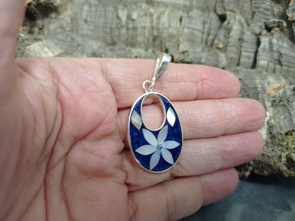 Silver Plated Floral Pendant – Mother of Pearl, Blue Resin, Boho Chic Jewelry