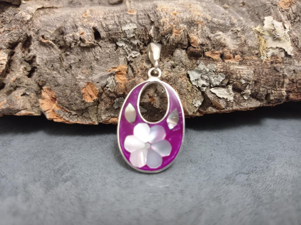 Silver Plated Mexican Flower Pendant: Mother of Pearl Inlay Boho Chic Taxco Jewelry