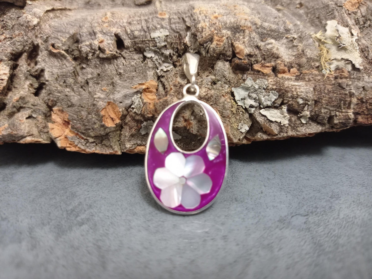 Silver Plated Mexican Flower Pendant: Mother of Pearl Inlay Boho Chic Taxco Jewelry
