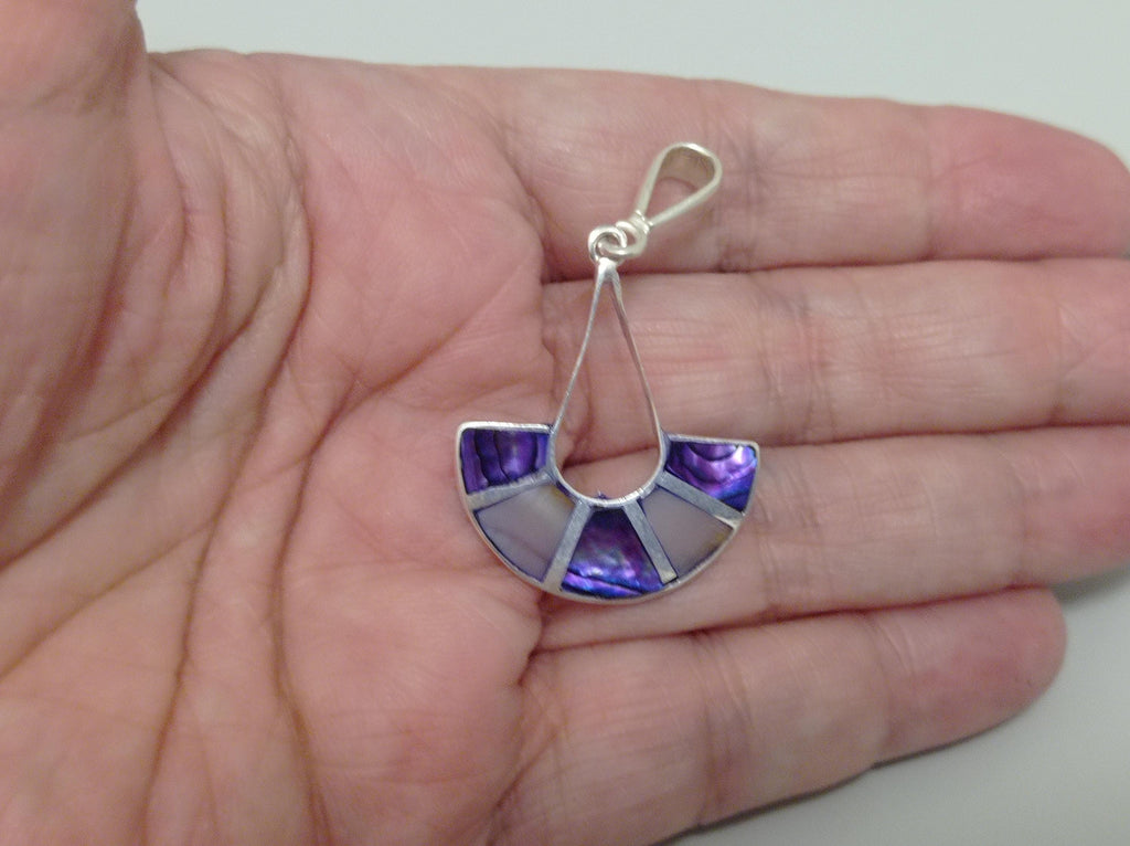 Art Deco Purple Abalone Shell Fan Pendant – Handmade Taxco Silver Necklace