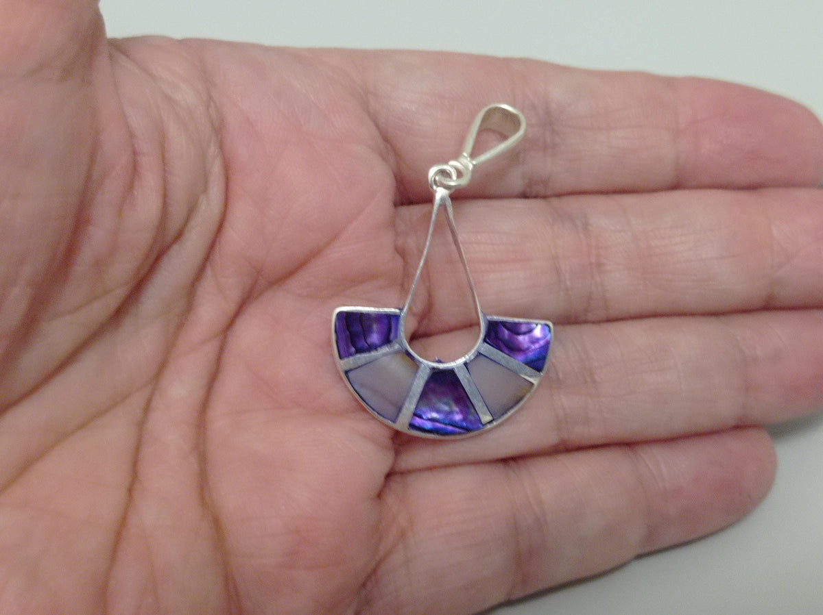 Art Deco Purple Abalone Shell Fan Pendant – Handmade Taxco Silver Necklace