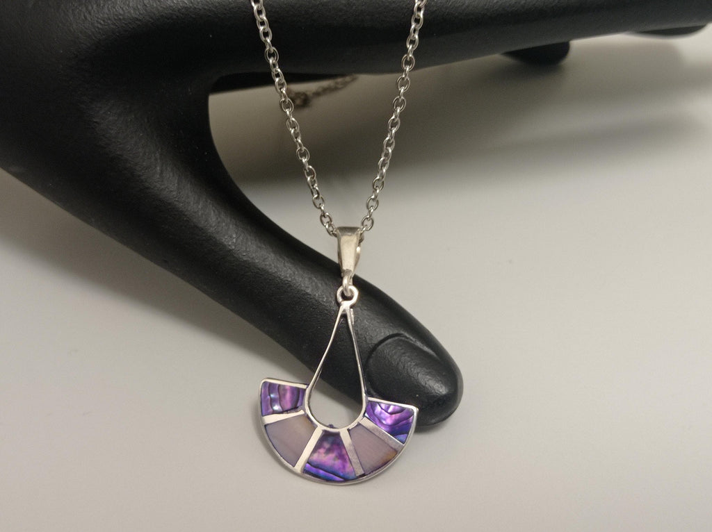 Art Deco Purple Abalone Shell Fan Pendant – Handmade Taxco Silver Necklace