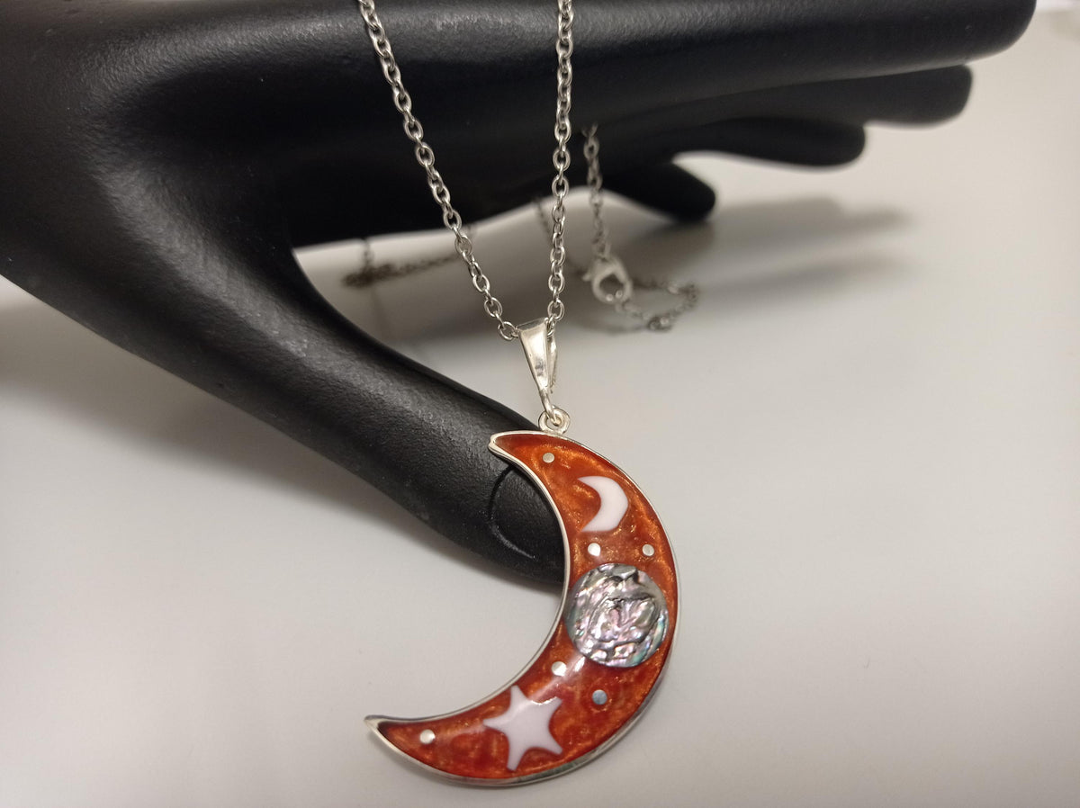 Silver Plated Abalone Crescent Moon Pendant – Mexican Artisan Boho Chic Jewelry