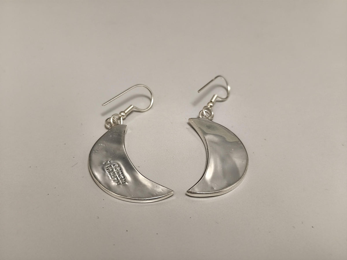 Art Deco Abalone Crescent Moon Earrings, Silver Plated, Black Enamel Resin Celestial