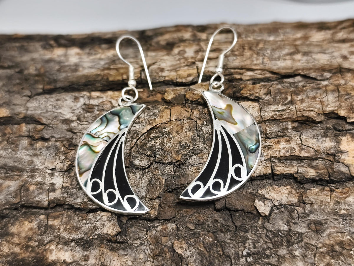 Art Deco Abalone Crescent Moon Earrings, Silver Plated, Black Enamel Resin Celestial