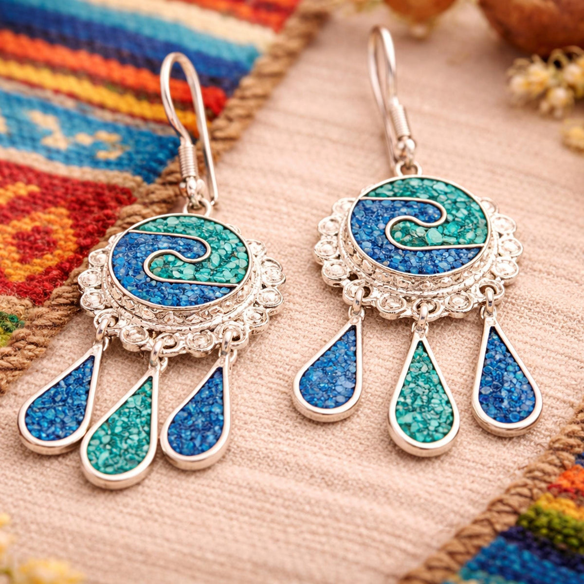 Art Deco Mexican Silver Plated Earrings – Turquoise Malachite Inlay Boho Style
