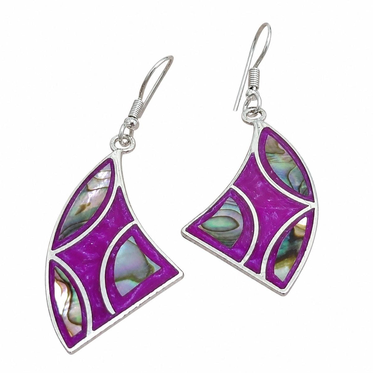 Exquisite Silver Plated Bougainvillea Resin Dangle Earrings with Mexican Abalone Inlay