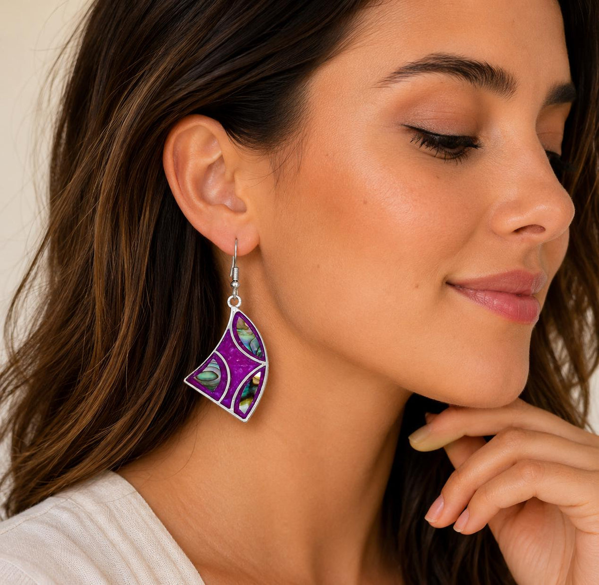 Exquisite Silver Plated Bougainvillea Resin Dangle Earrings with Mexican Abalone Inlay