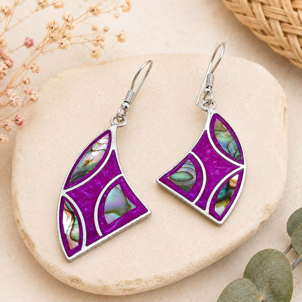 Exquisite Silver Plated Bougainvillea Resin Dangle Earrings with Mexican Abalone Inlay