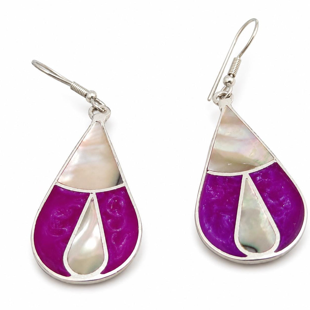 Handmade Silver Plated Mexican Abalone Shell Drop Earrings – Bougainvillea Resin Effect