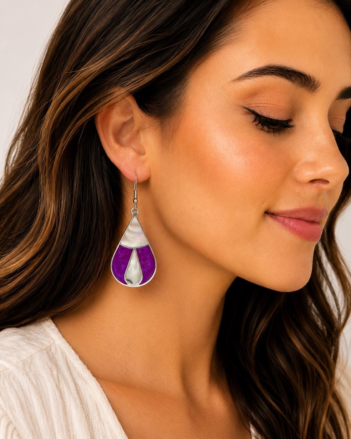 Handmade Silver Plated Mexican Abalone Shell Drop Earrings – Bougainvillea Resin Effect