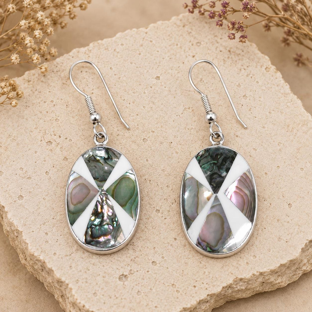 Mexican Artisan Silver Plated Abalone Inlay Geometric Earrings, Enamel Effect Shell Boho Drops