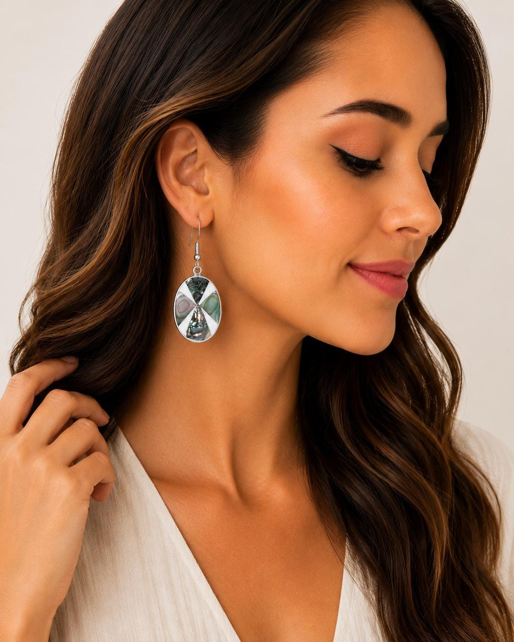 Mexican Artisan Silver Plated Abalone Inlay Geometric Earrings, Enamel Effect Shell Boho Drops