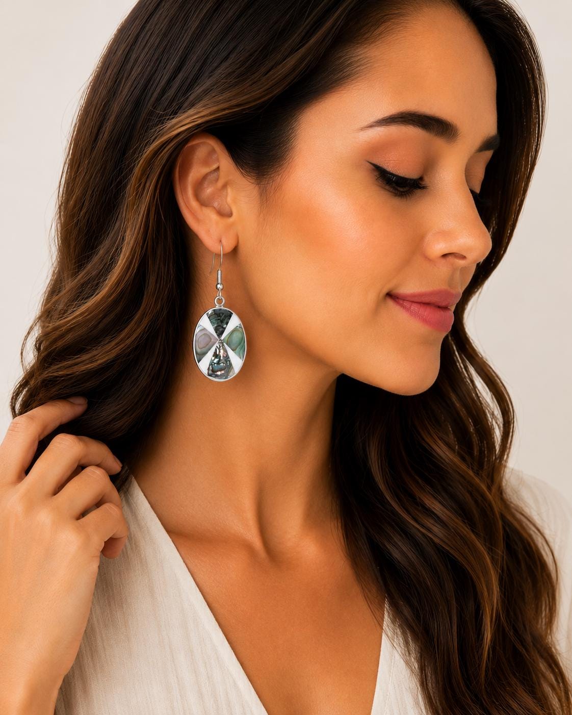 Mexican Artisan Silver Plated Abalone Inlay Geometric Earrings, Enamel Effect Shell Boho Drops