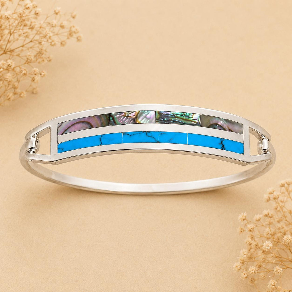 Exquisite Silver Plated Mexican Bangle with Turquoise Abalone Inlay - Handcrafted Artisan Bracelet from Taxco