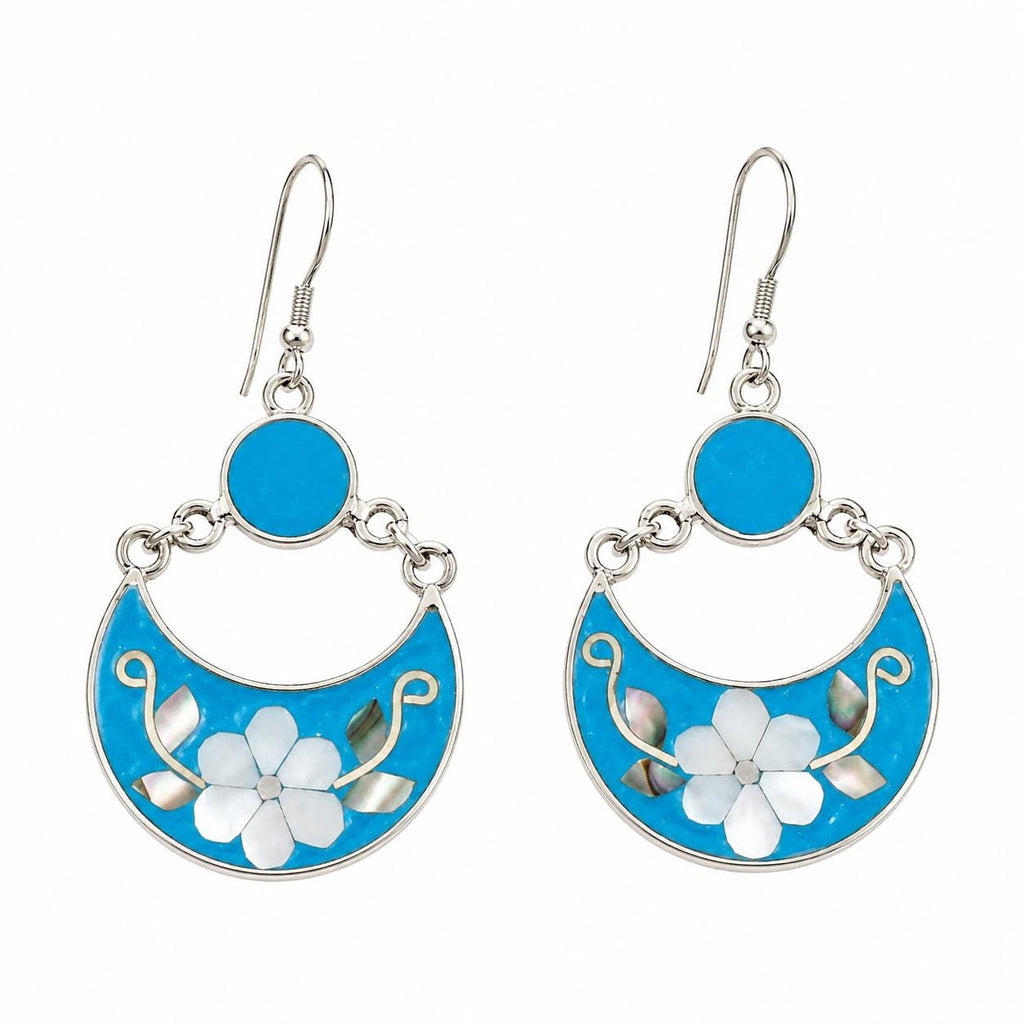 Silver Plated Floral Hoop Earrings – Blue Enamel, Mother of Pearl, Mexican Boho Chic