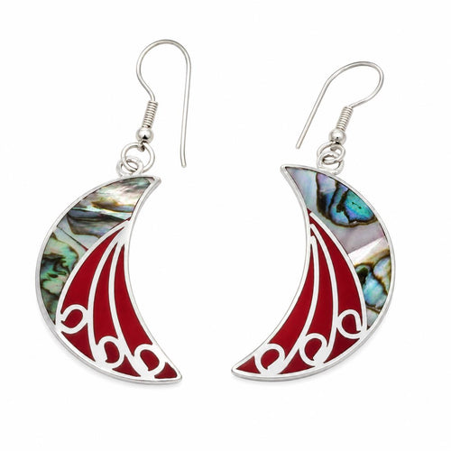 Abalone Shell Crescent Moon Earrings – Red Resin, Silver Plated, Taxco Artisan Jewelry